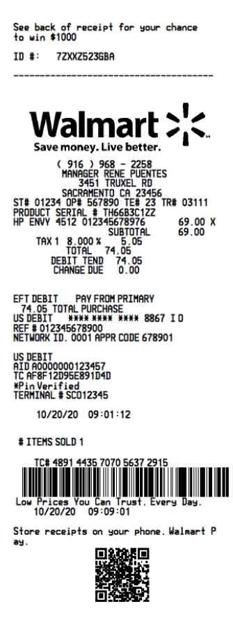 Example of Walmart receipt